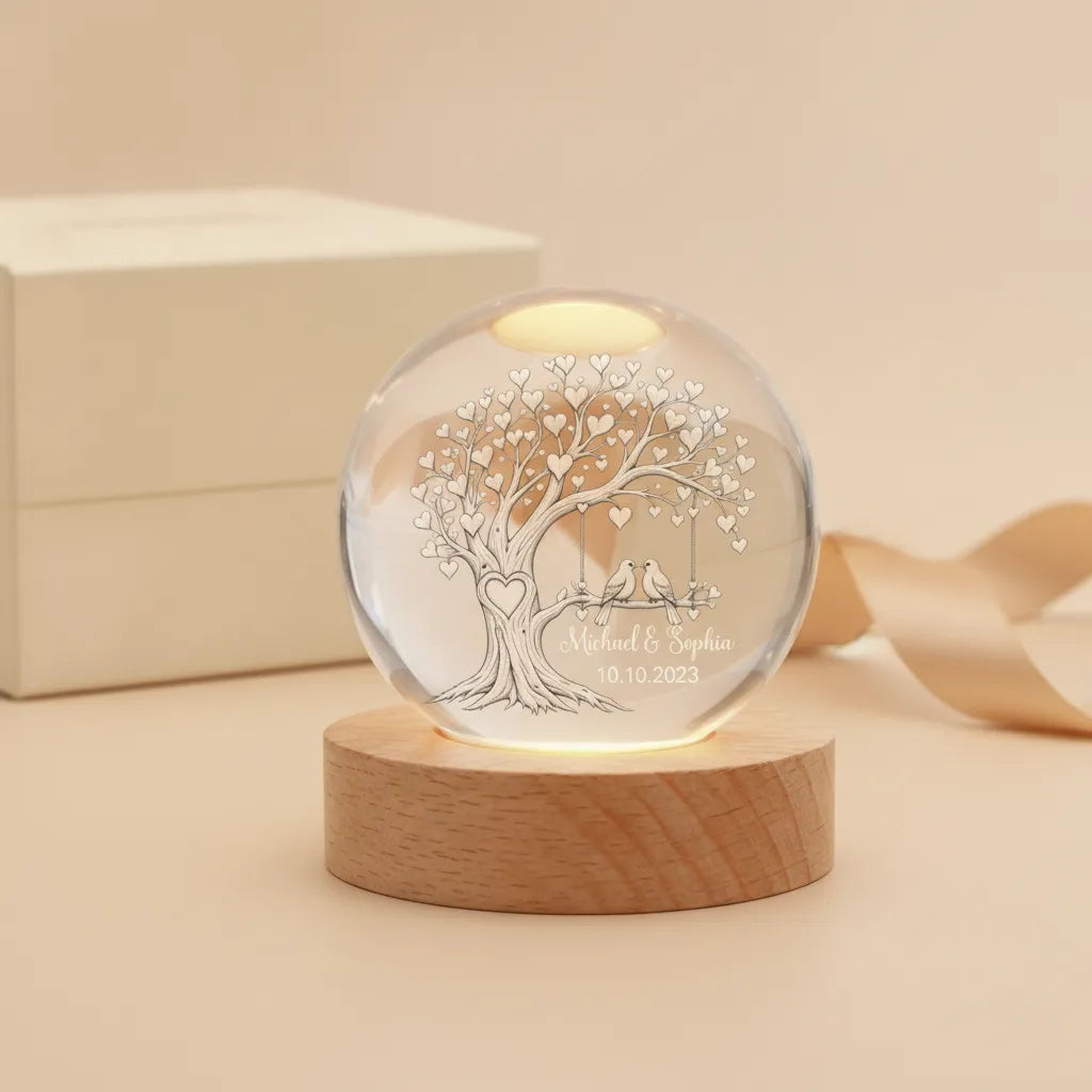 Personalized Lovebirds Tree Crystal Ball Night Light
