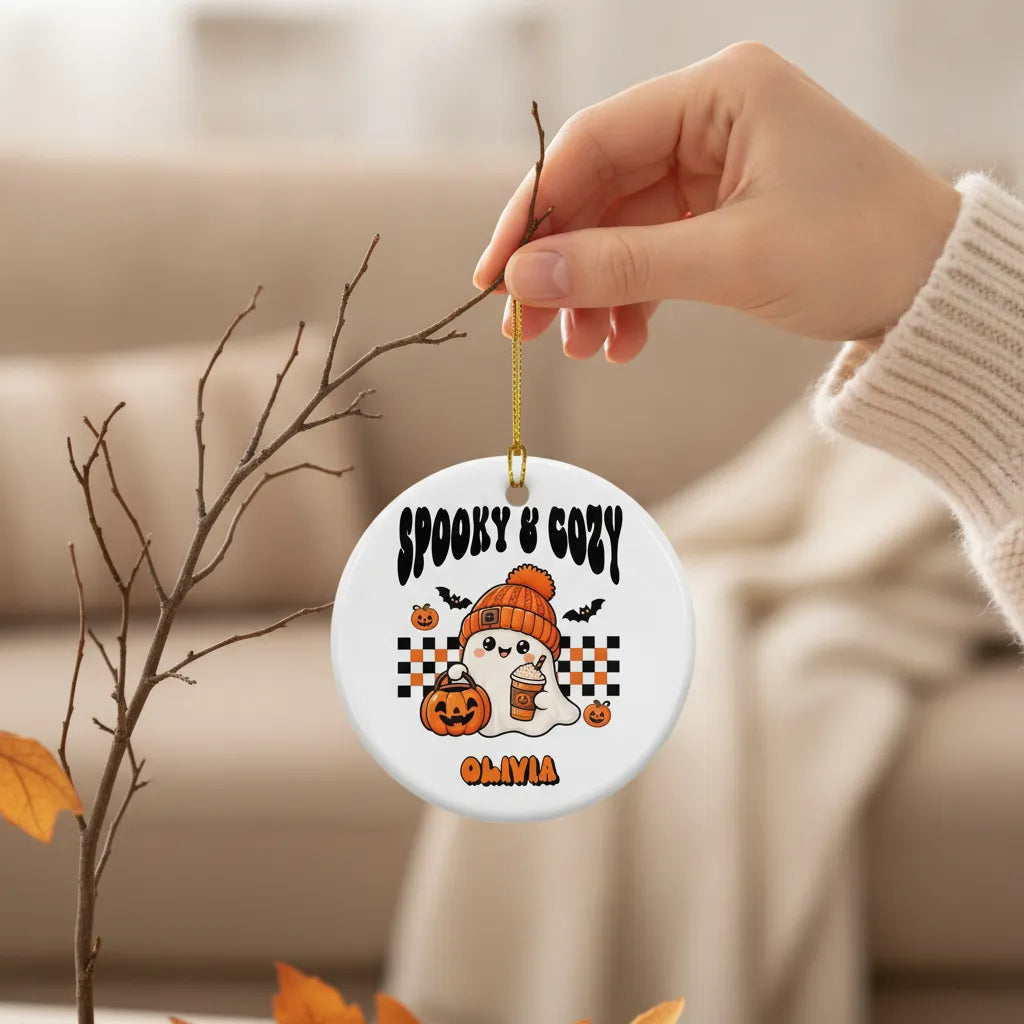 Personalized Spooky & Cozy Ghost Ceramic Ornament – Custom Title & Name