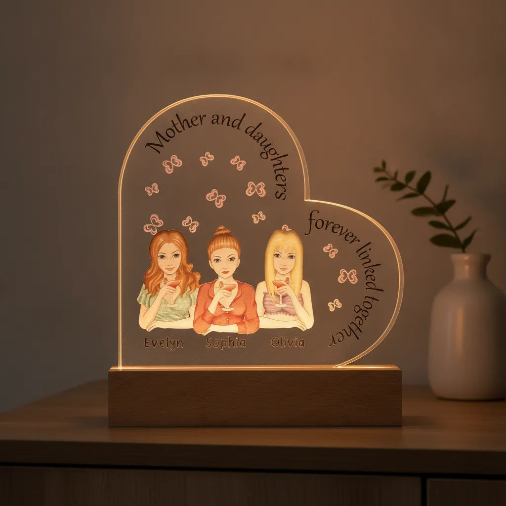 Personalized Mother & Daughters Acrylic Heart LED Night Light – Custom Mom Gift