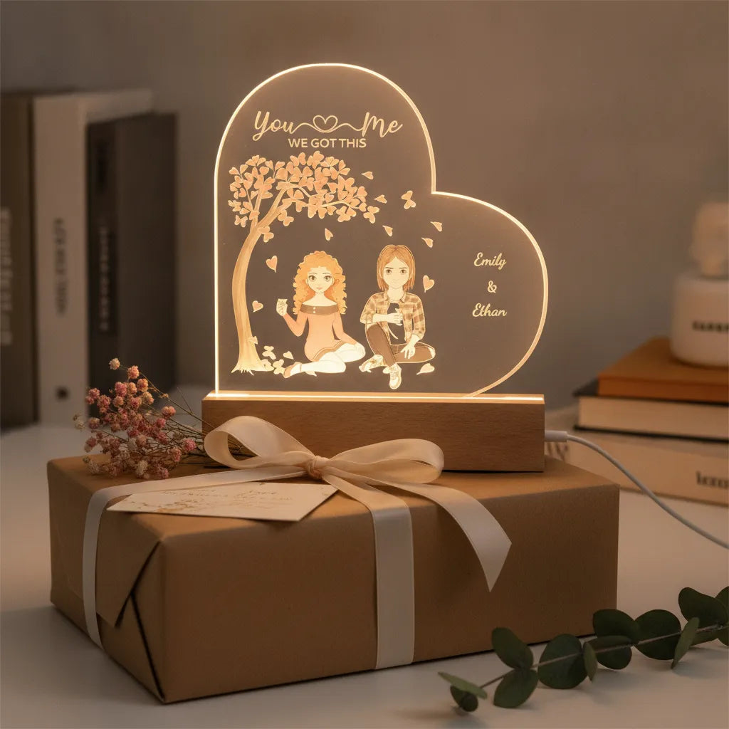 You & Me, We Got This – Personalized Couple Characters & Names Acrylic Heart LED Night Light, Anniversary, Birthday & Valentine's Day Gift for Her or Him