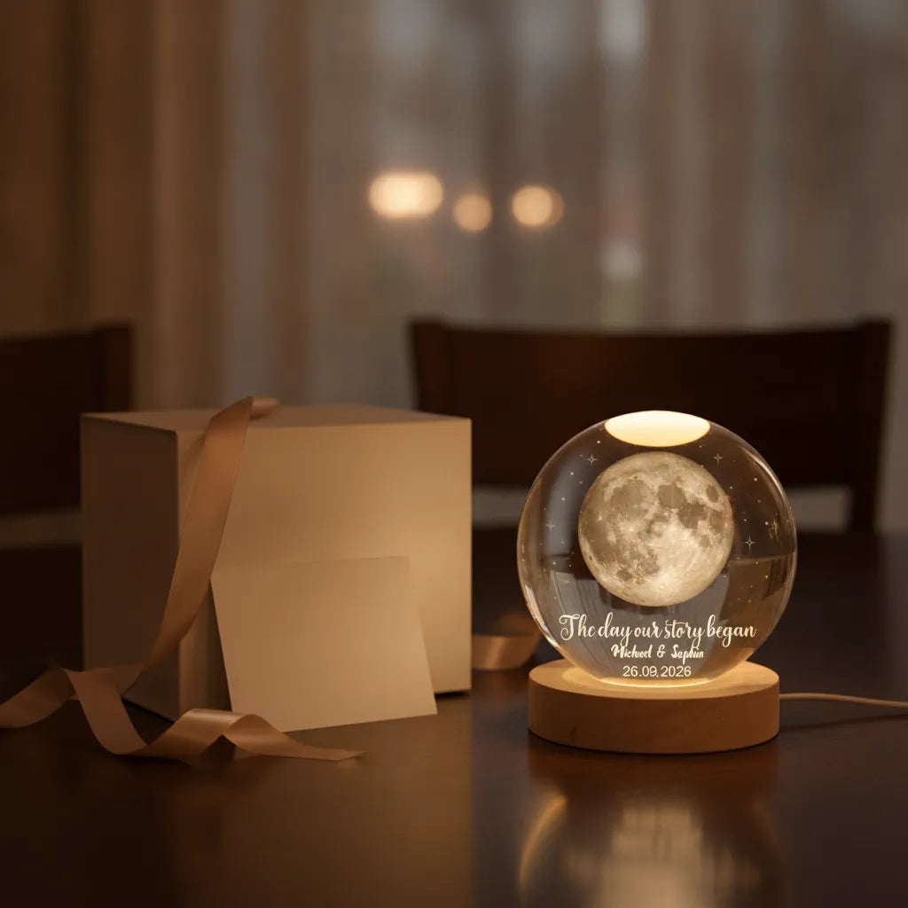 The Day Our Story Began – Personalized Moon Phase Crystal Ball LED Night Light with Names & Message, Anniversary, Wedding & Valentine's Day Gift for Her or Him