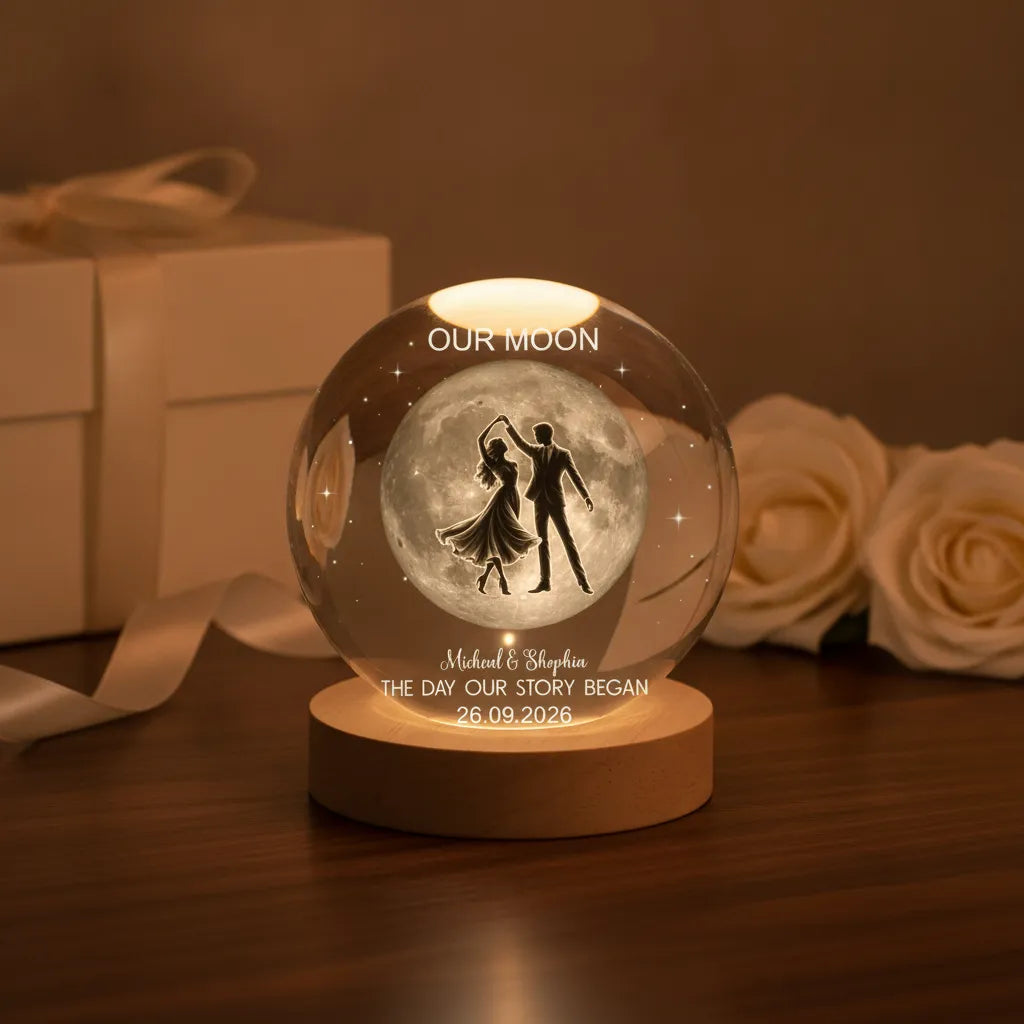 Dancing in the Moonlight – Personalized Moon Phase Crystal Ball LED Night Light, Anniversary, Wedding & Valentine’s Day Gift for Her or Him