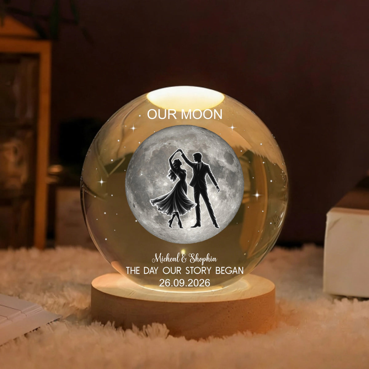 Dancing in the Moonlight – Personalized Moon Phase Crystal Ball LED Night Light, Anniversary, Wedding & Valentine’s Day Gift for Her or Him