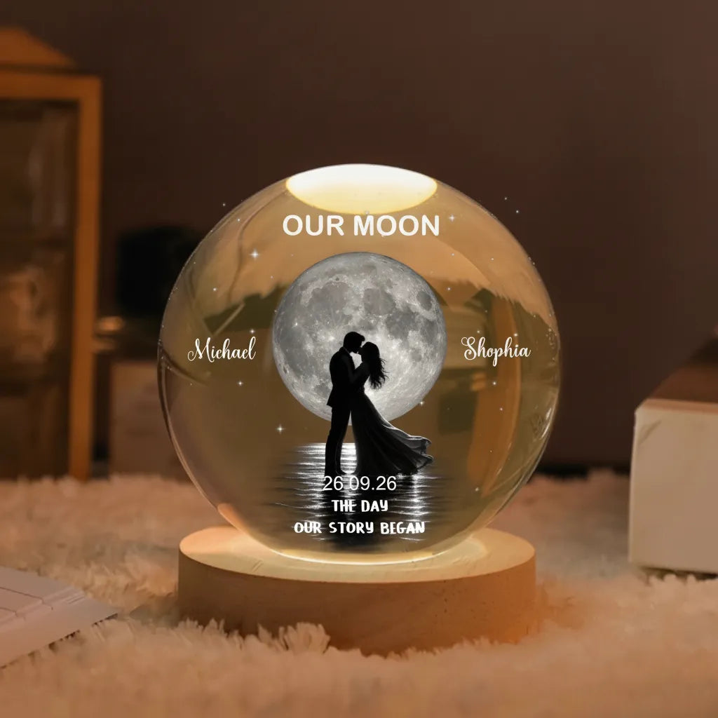Our Moon Couple Silhouette – Personalized Moon Phase Crystal Ball LED Night Light, Anniversary, Wedding & Valentine's Day Gift for Her or Him