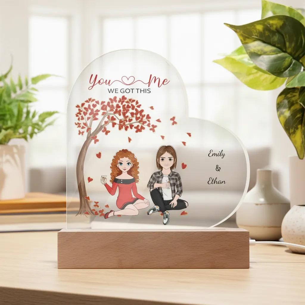 You & Me, We Got This – Personalized Couple Characters & Names Acrylic Heart LED Night Light, Anniversary, Birthday & Valentine's Day Gift for Her or Him