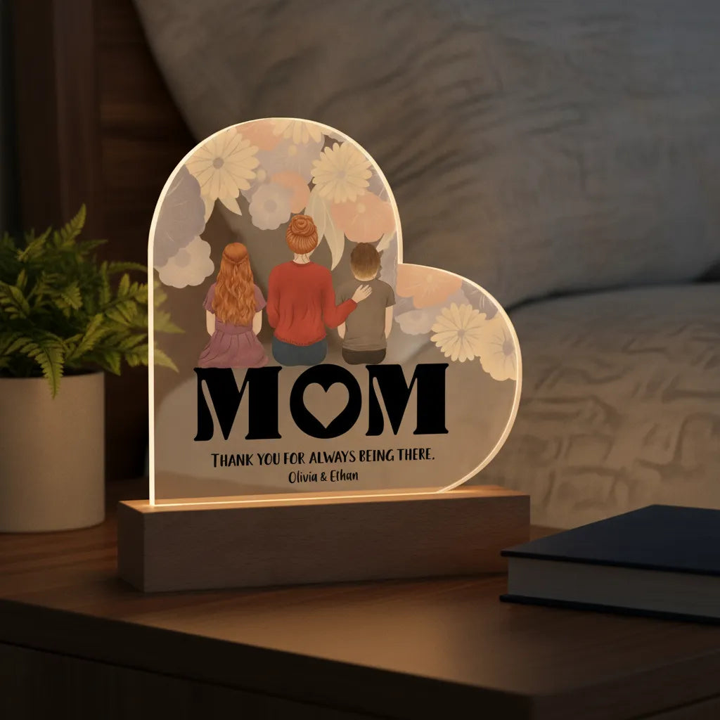 Personalized Mom & Kids Acrylic Heart LED Night Light – Custom Mother’s Day Gift with Names