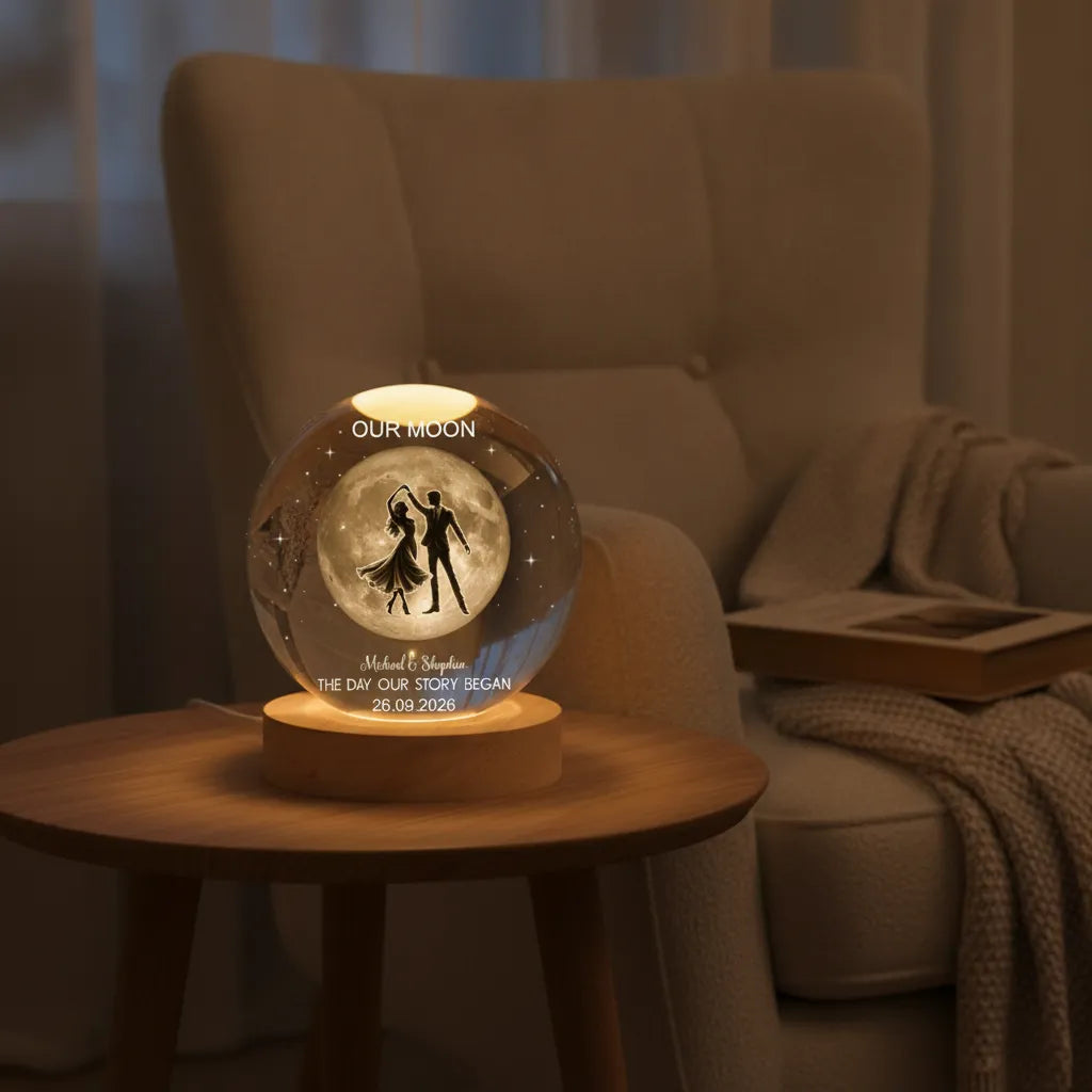 Dancing in the Moonlight – Personalized Moon Phase Crystal Ball LED Night Light, Anniversary, Wedding & Valentine’s Day Gift for Her or Him