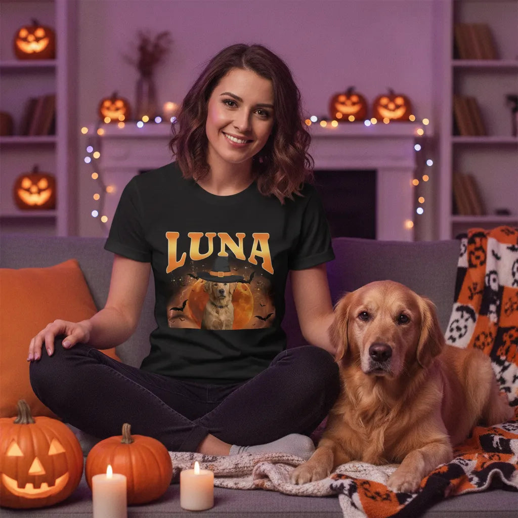 Personalized Halloween Pet T-Shirt – Custom Dog or Cat Name Spooky Moon Shirt