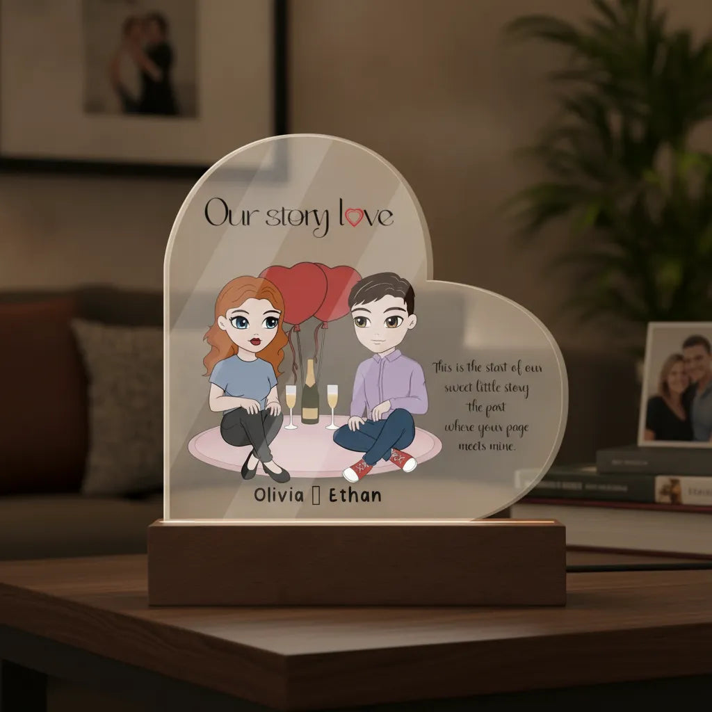 Personalized Couple Acrylic Heart LED Night Light – Custom Our Story Anniversary Gift