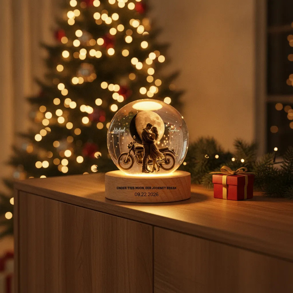 Under This Moon, Our Journey Began – Personalized Motorcycle Couple Moon Phase Crystal Ball LED Lamp with Engraved Base, Anniversary, Birthday & Valentine’s Day Gift for Her or Him
