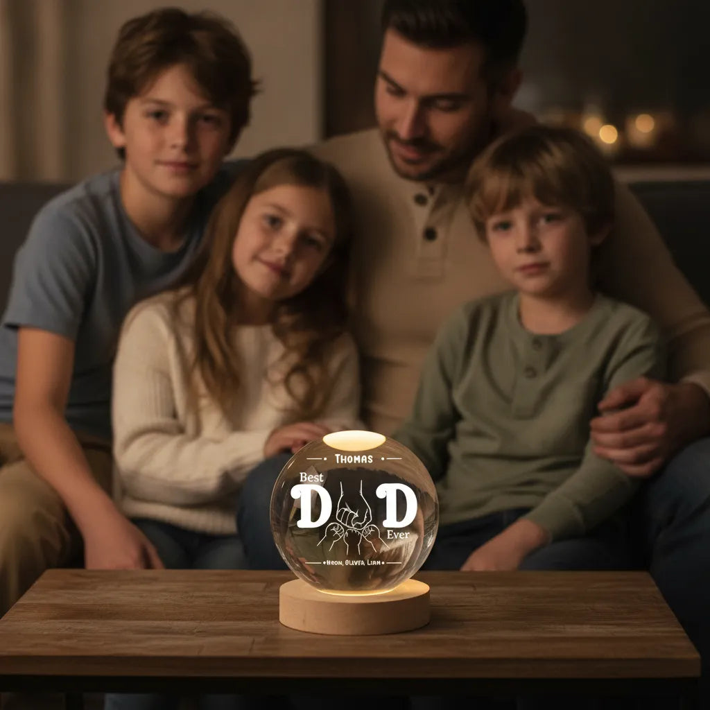 Best Dad Ever Fist Bump – Personalized Crystal Ball Night Light with Kids’ Names – Gift for Dad