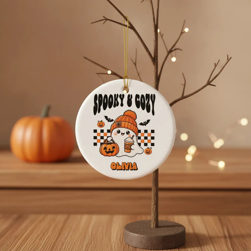 Personalized Spooky & Cozy Ghost Ceramic Ornament – Custom Title & Name