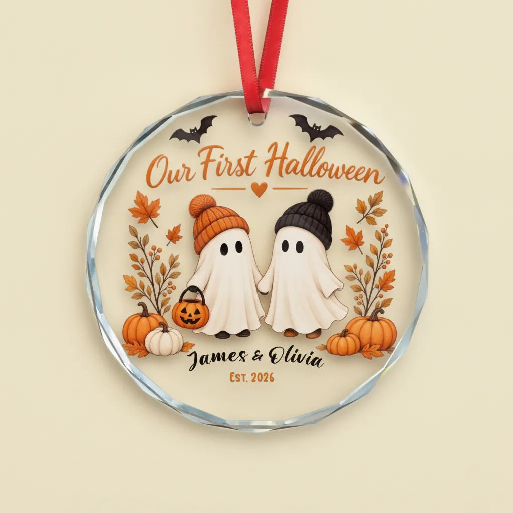 Our First Halloween Personalized Glass Ornament – Couple Names & Year
