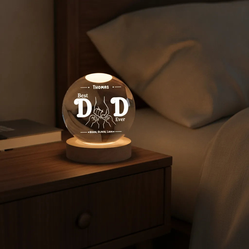 Best Dad Ever Fist Bump – Personalized Crystal Ball Night Light with Kids’ Names – Gift for Dad