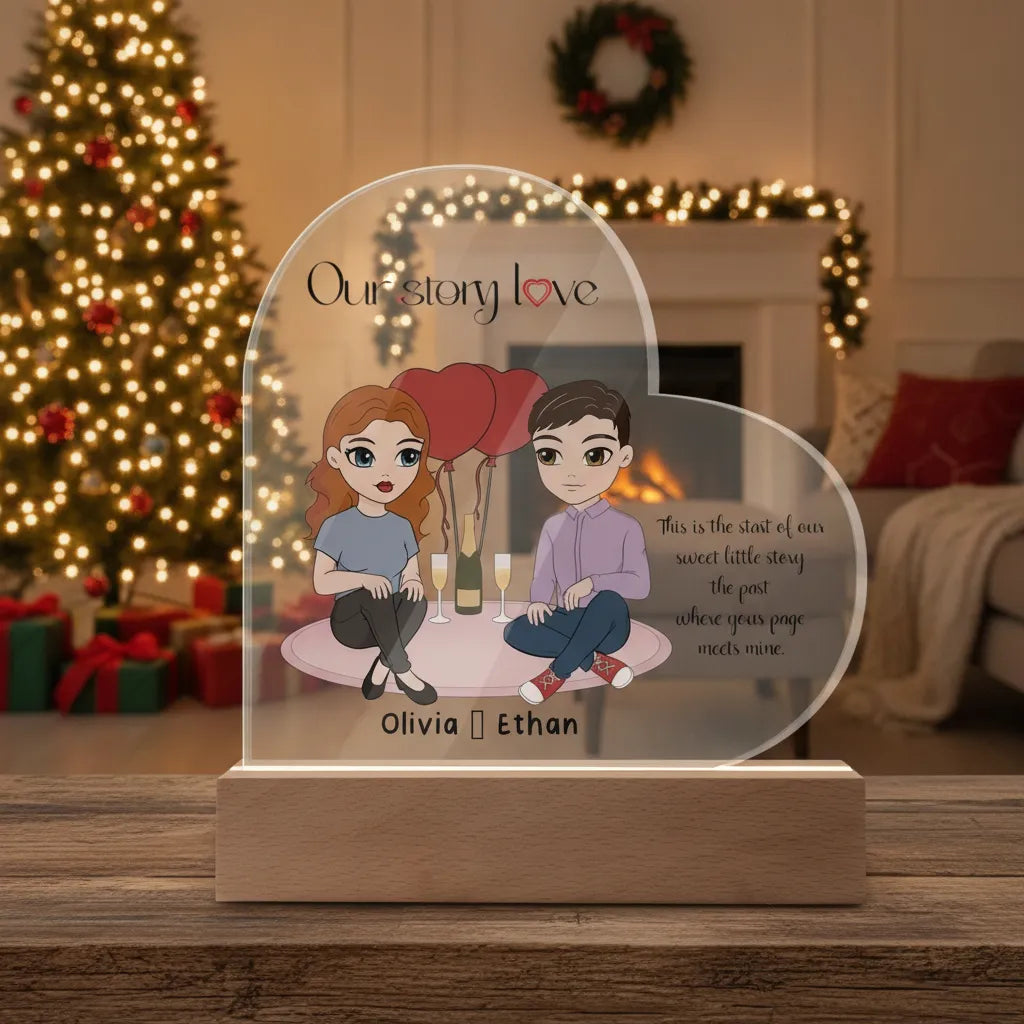 Personalized Couple Acrylic Heart LED Night Light – Custom Our Story Anniversary Gift