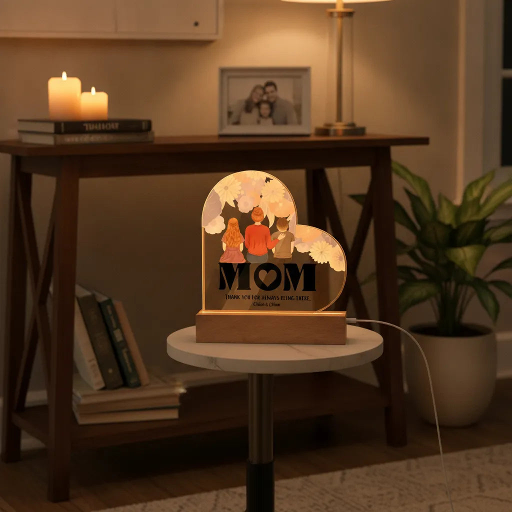 Personalized Mom & Kids Acrylic Heart LED Night Light – Custom Mother’s Day Gift with Names