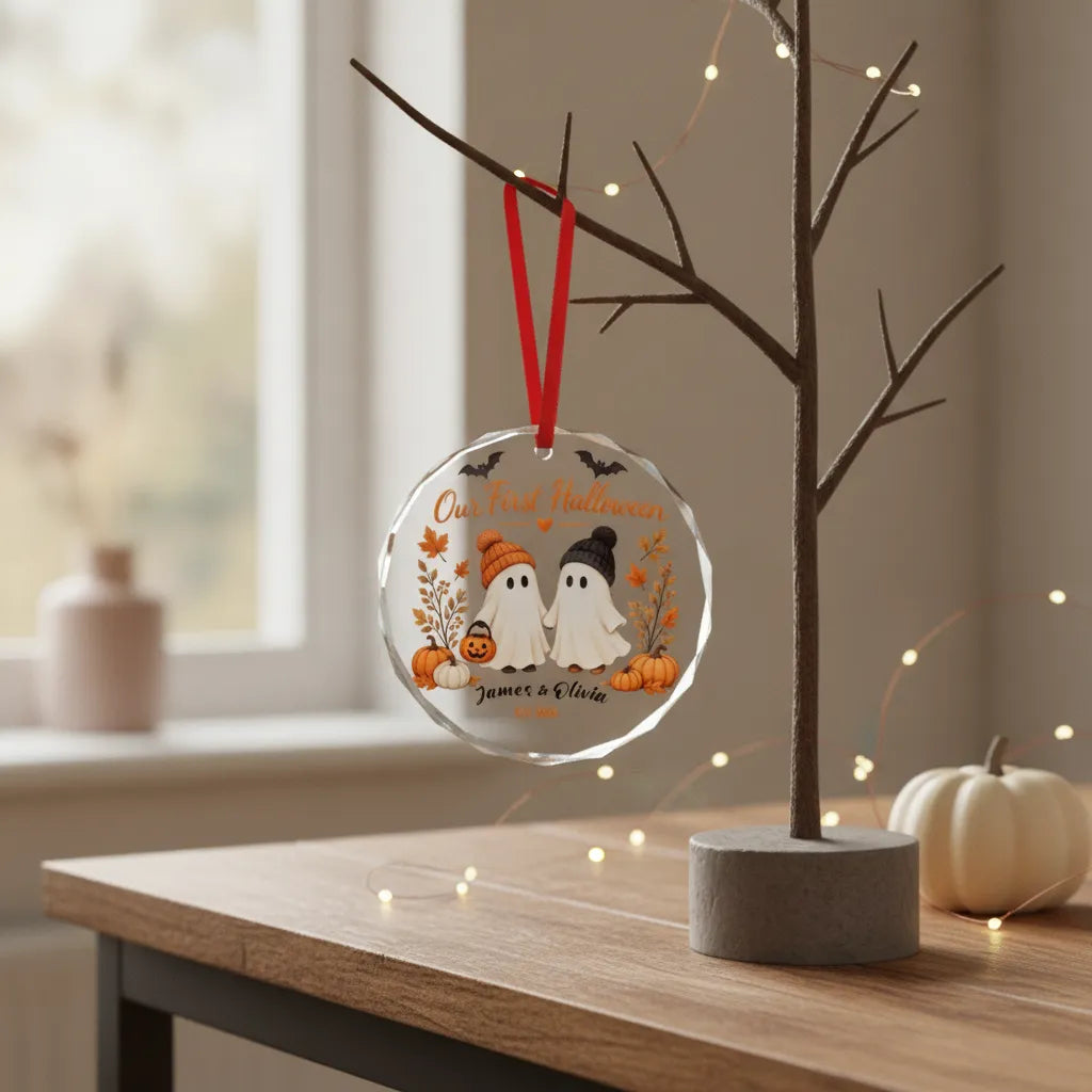 Our First Halloween Personalized Glass Ornament – Couple Names & Year