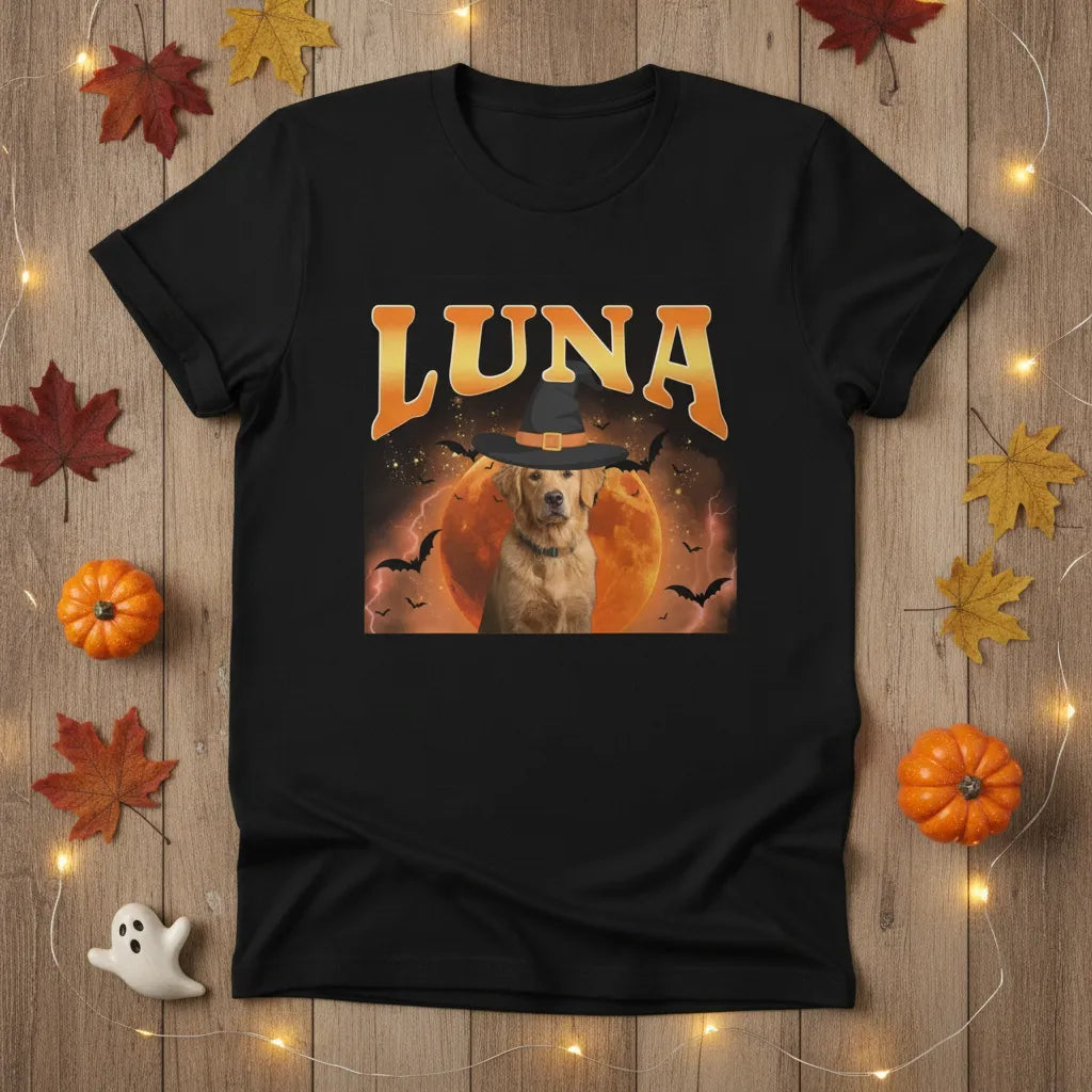 Personalized Halloween Pet T-Shirt – Custom Dog or Cat Name Spooky Moon Shirt