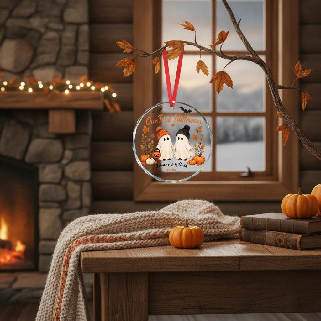 Our First Halloween Personalized Glass Ornament – Couple Names & Year