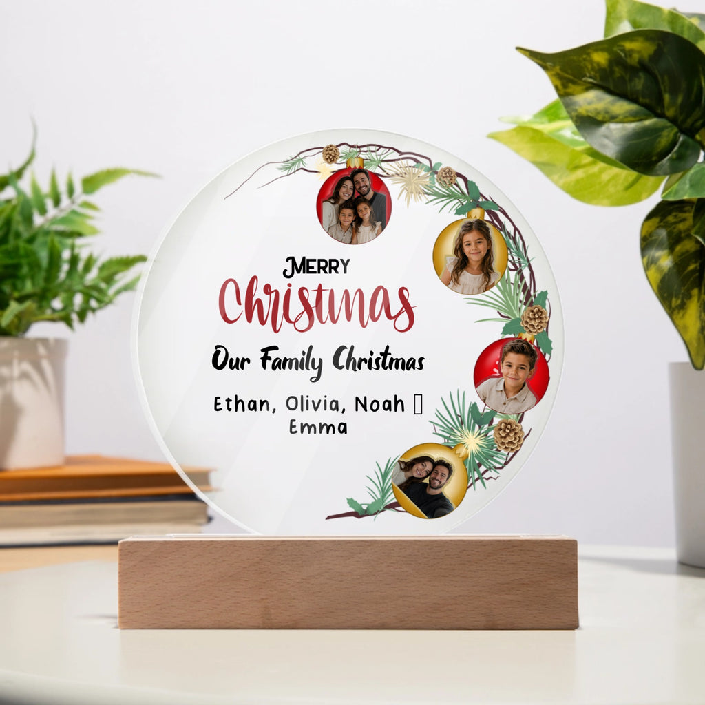 Personalized Family Christmas Acrylic Photo Plaque – Custom 4 Photo LED Night Light with Names