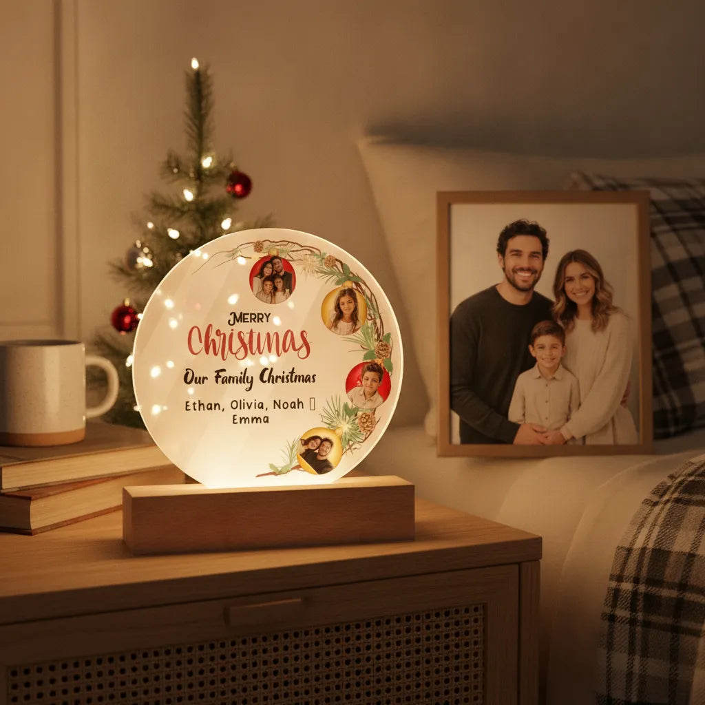 Personalized Family Christmas Acrylic Photo Plaque – Custom 4 Photo LED Night Light with Names