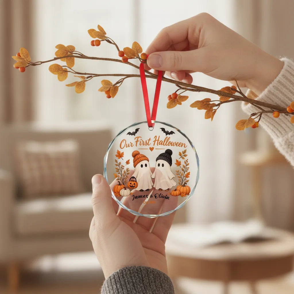 Our First Halloween Personalized Glass Ornament – Couple Names & Year