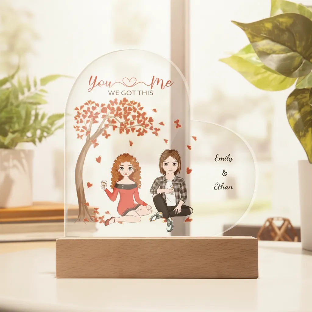 You & Me, We Got This – Personalized Couple Characters & Names Acrylic Heart LED Night Light, Anniversary, Birthday & Valentine's Day Gift for Her or Him