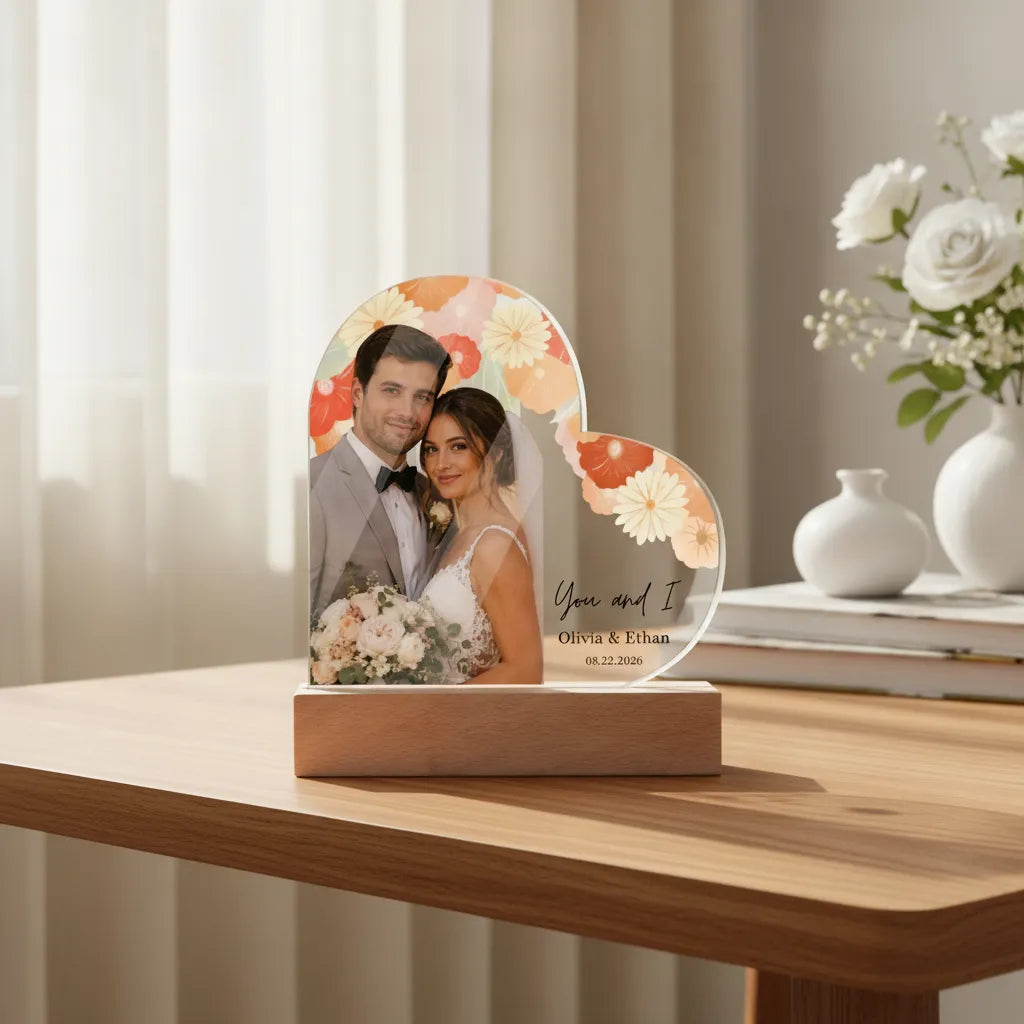 Personalized Floral Wedding Acrylic Heart Plaque – Custom Bride & Groom Photo Gift, Wedding Anniversary Keepsake with Names & Date