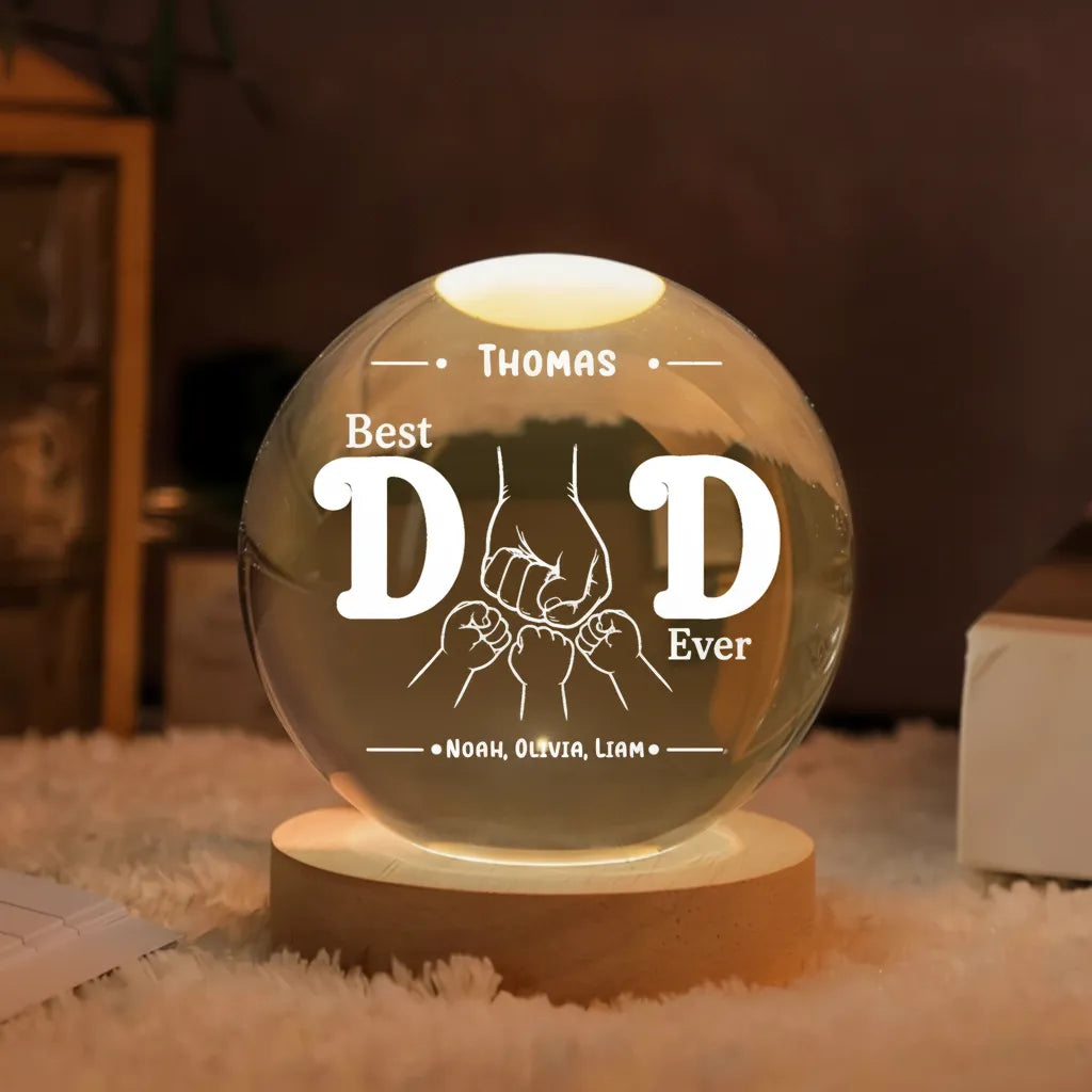 Best Dad Ever Fist Bump – Personalized Crystal Ball Night Light with Kids’ Names – Gift for Dad