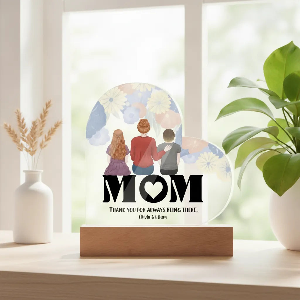 Personalized Mom & Kids Acrylic Heart LED Night Light – Custom Mother’s Day Gift with Names