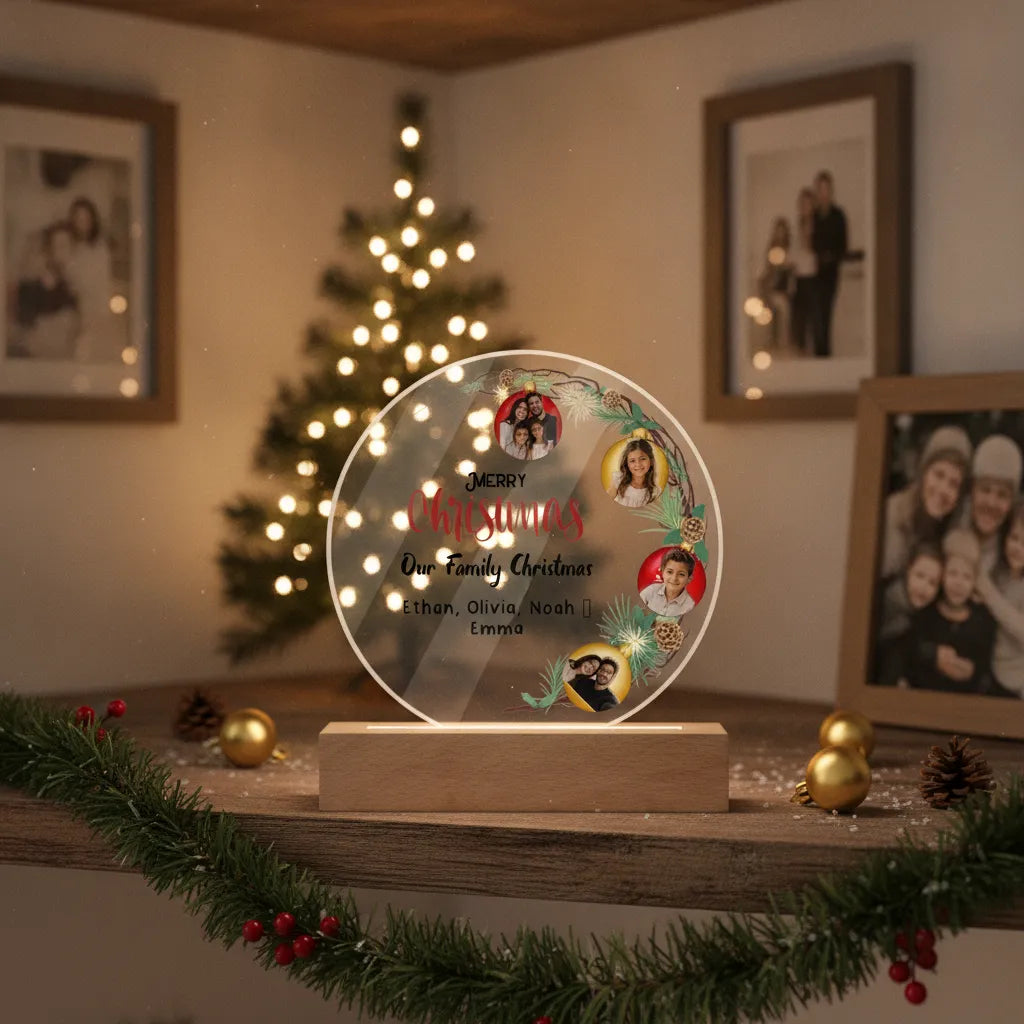 Personalized Family Christmas Acrylic Photo Plaque – Custom 4 Photo LED Night Light with Names