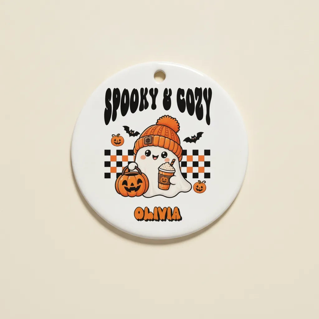 Personalized Spooky & Cozy Ghost Ceramic Ornament – Custom Title & Name