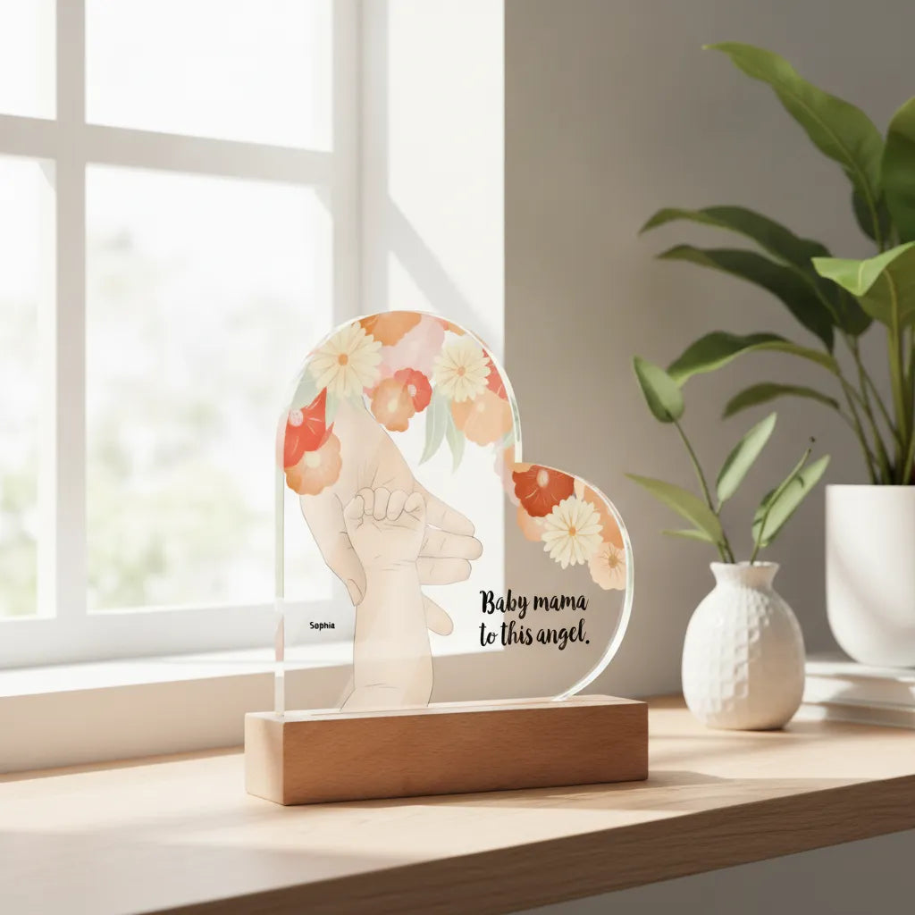 Personalized Mom & Baby Acrylic Heart LED Night Light – Custom New Mom Gift with Baby Name