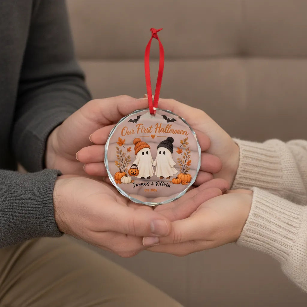 Our First Halloween Personalized Glass Ornament – Couple Names & Year