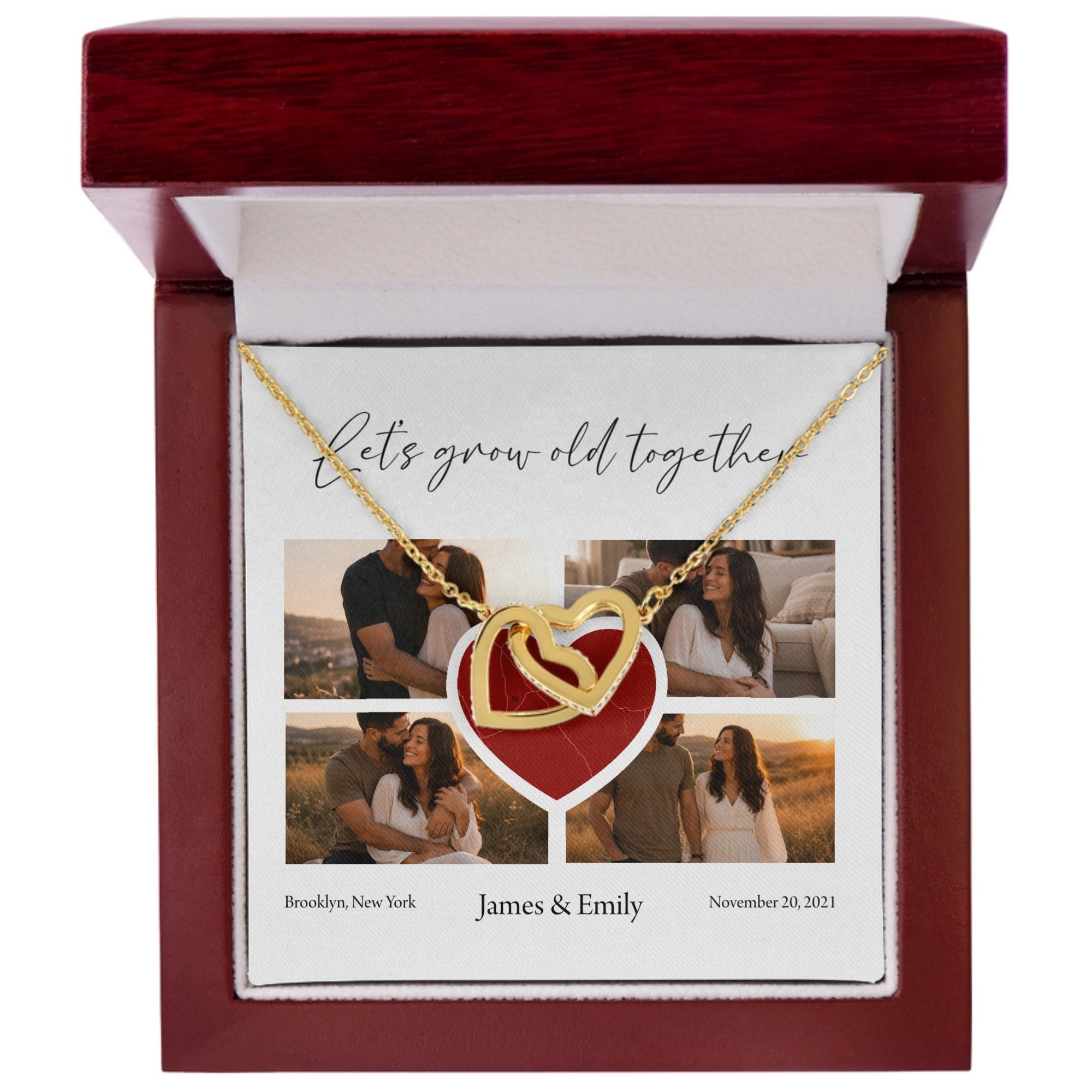 Personalized Interlocking Hearts Necklace with Custom Photo Collage & Location Map – Anniversary Gift for Couples