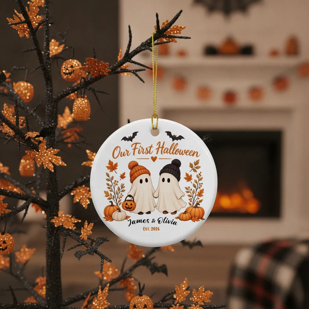Our First Halloween Personalized Ceramic Ornament – Couple Names & Year