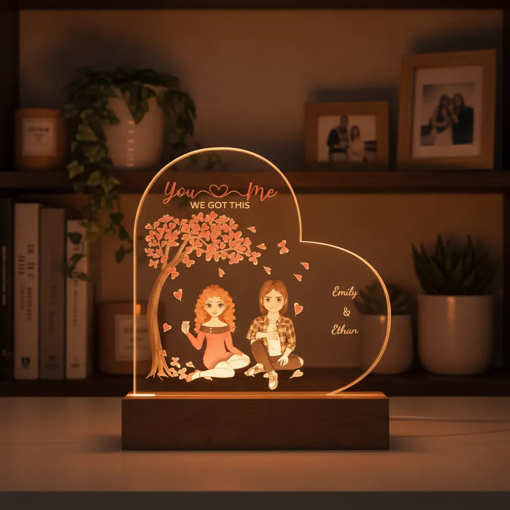 You & Me, We Got This – Personalized Couple Characters & Names Acrylic Heart LED Night Light, Anniversary, Birthday & Valentine's Day Gift for Her or Him