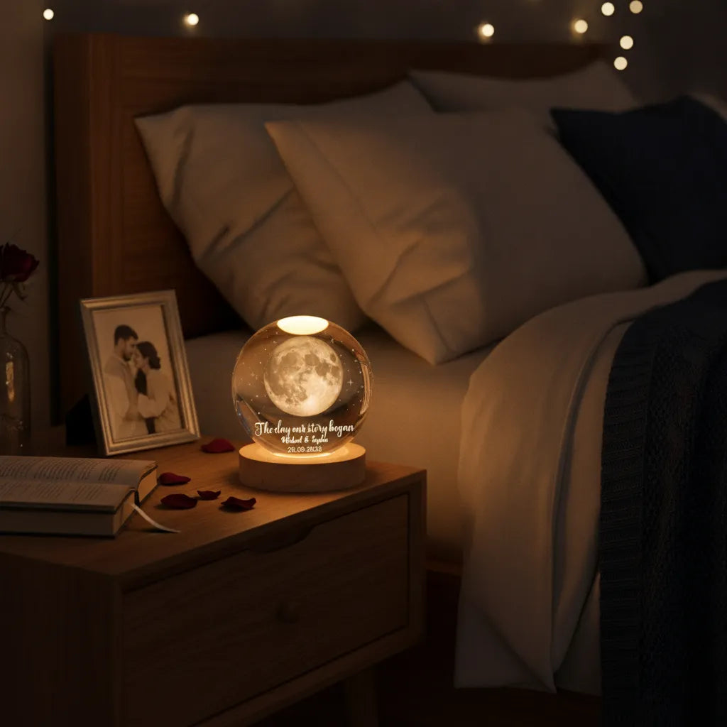The Day Our Story Began – Personalized Moon Phase Crystal Ball LED Night Light with Names & Message, Anniversary, Wedding & Valentine's Day Gift for Her or Him