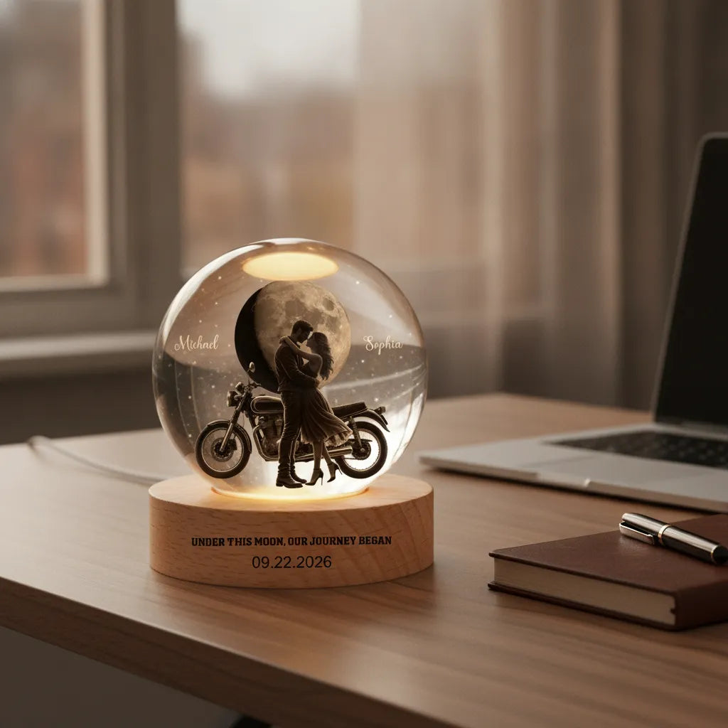 Under This Moon, Our Journey Began – Personalized Motorcycle Couple Moon Phase Crystal Ball LED Lamp with Engraved Base, Anniversary, Birthday & Valentine’s Day Gift for Her or Him