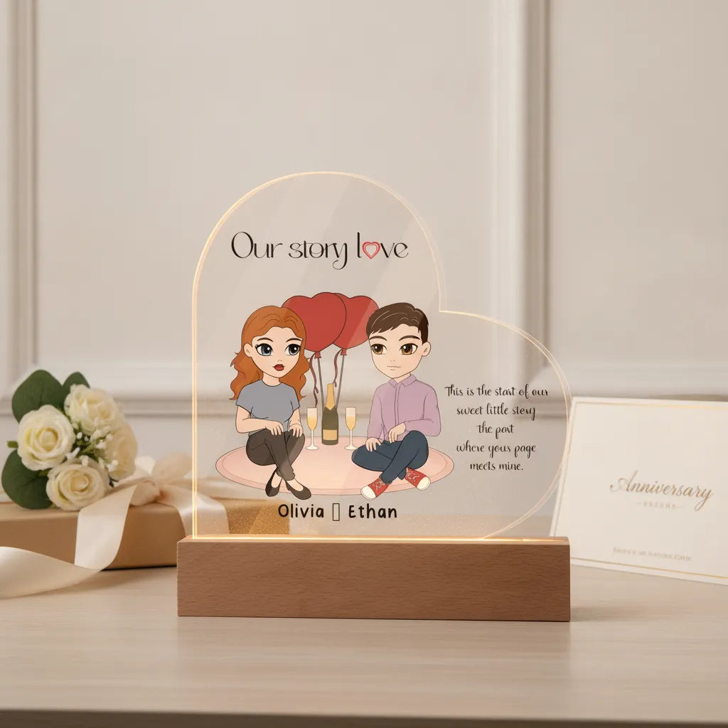 Personalized Couple Acrylic Heart LED Night Light – Custom Our Story Anniversary Gift