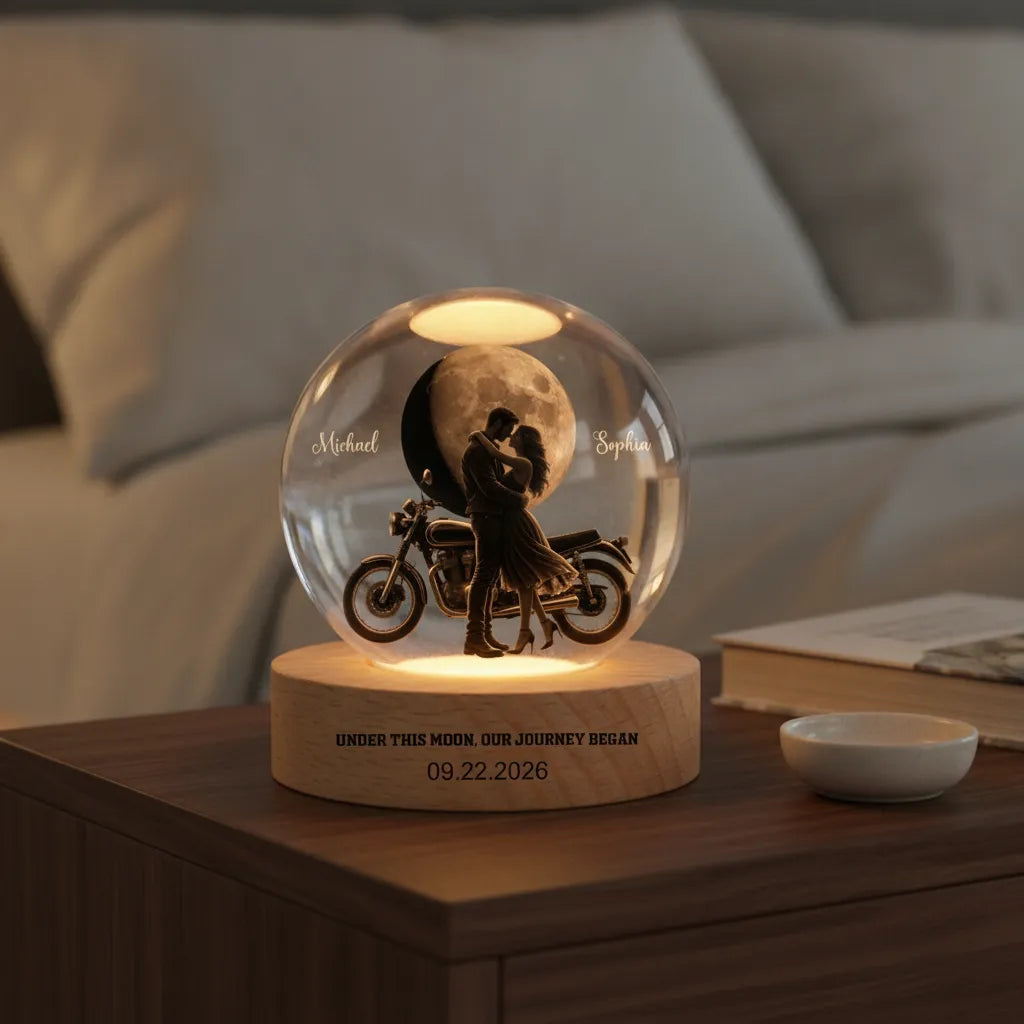 Under This Moon, Our Journey Began – Personalized Motorcycle Couple Moon Phase Crystal Ball LED Lamp with Engraved Base, Anniversary, Birthday & Valentine’s Day Gift for Her or Him
