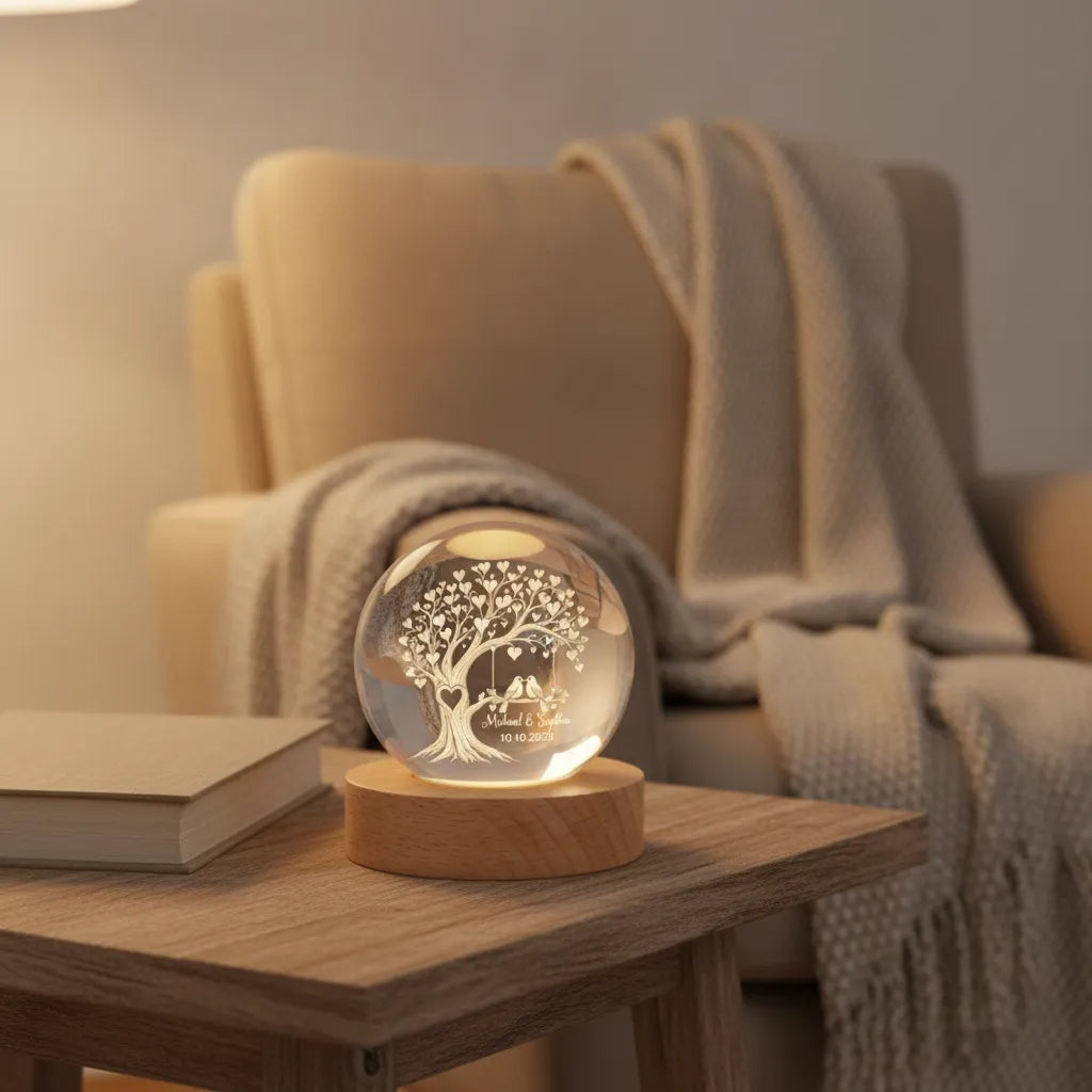 Personalized Lovebirds Tree Crystal Ball Night Light
