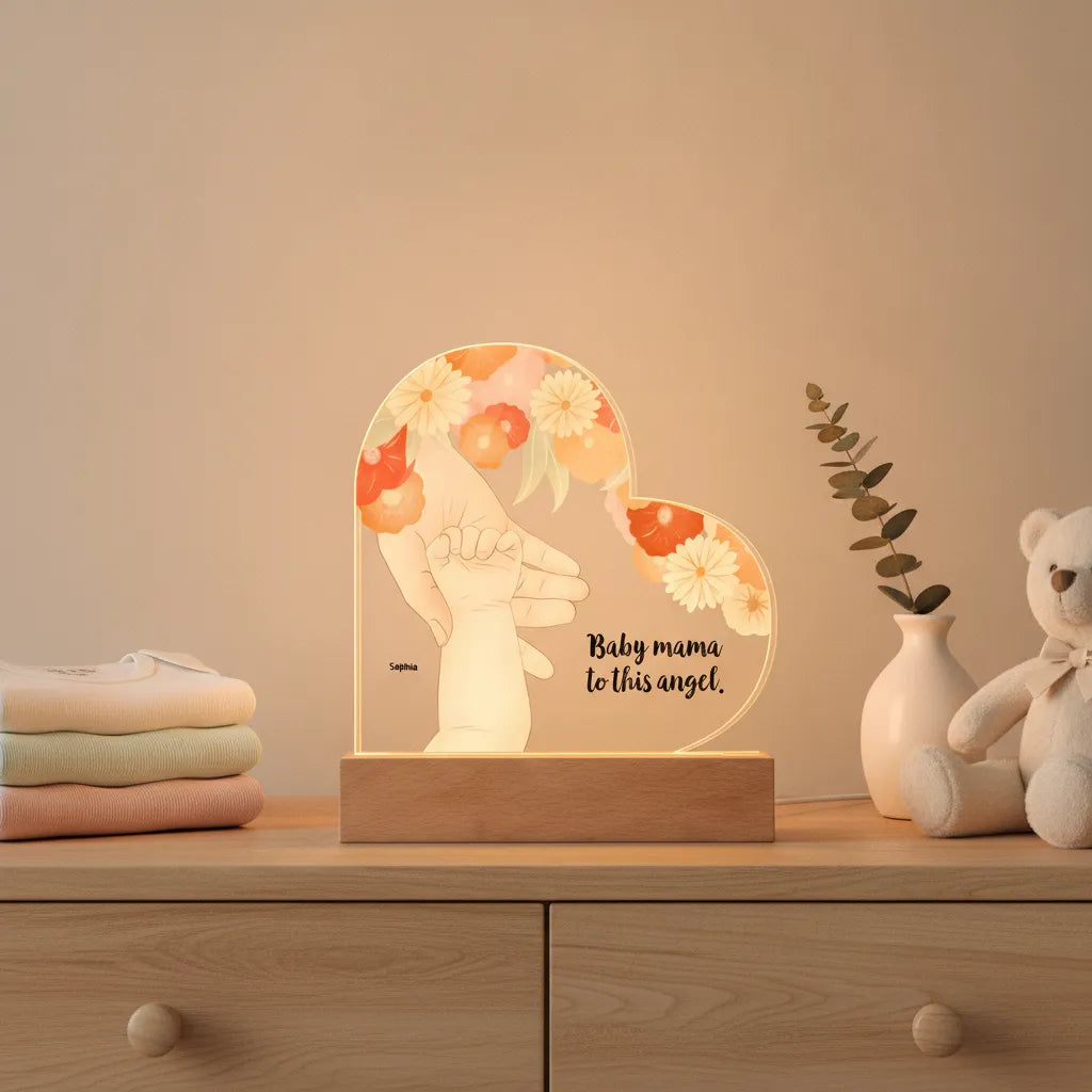Personalized Mom & Baby Acrylic Heart LED Night Light – Custom New Mom Gift with Baby Name