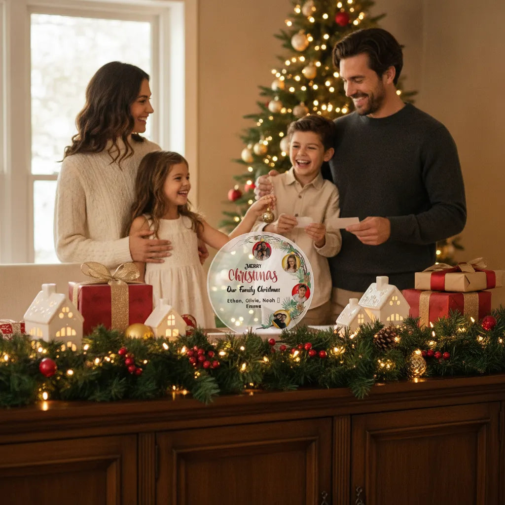 Personalized Family Christmas Acrylic Photo Plaque – Custom 4 Photo LED Night Light with Names