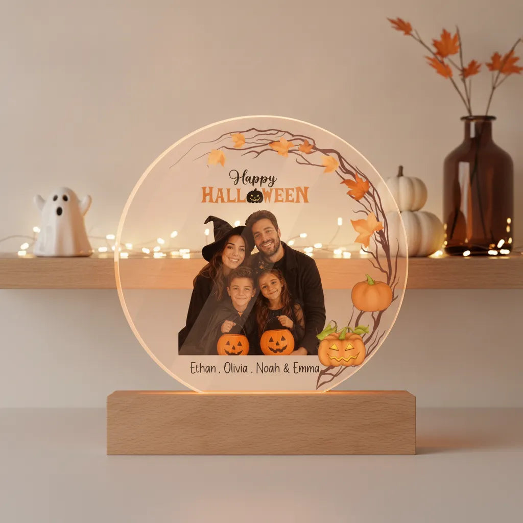 Personalized Family Halloween Acrylic LED Night Light – Custom Photo Gift with Names