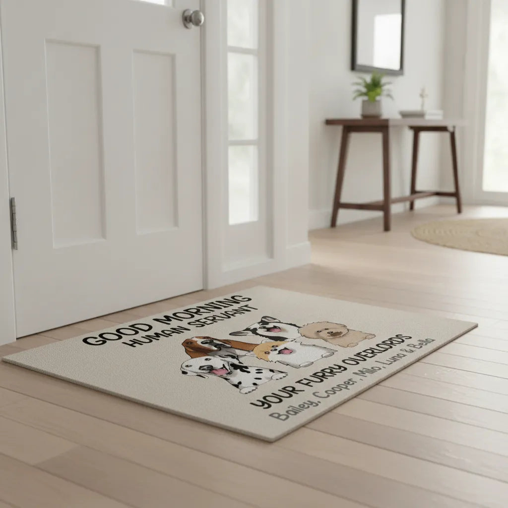 Personalized Dog Doormat – Good Morning Human Servant Custom Pet Mat with Names