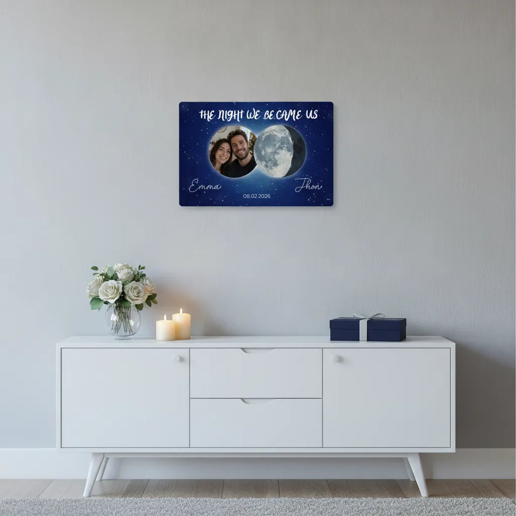 Personalized Couple Moon Phase Metal Sign – Custom Photo & Special Date