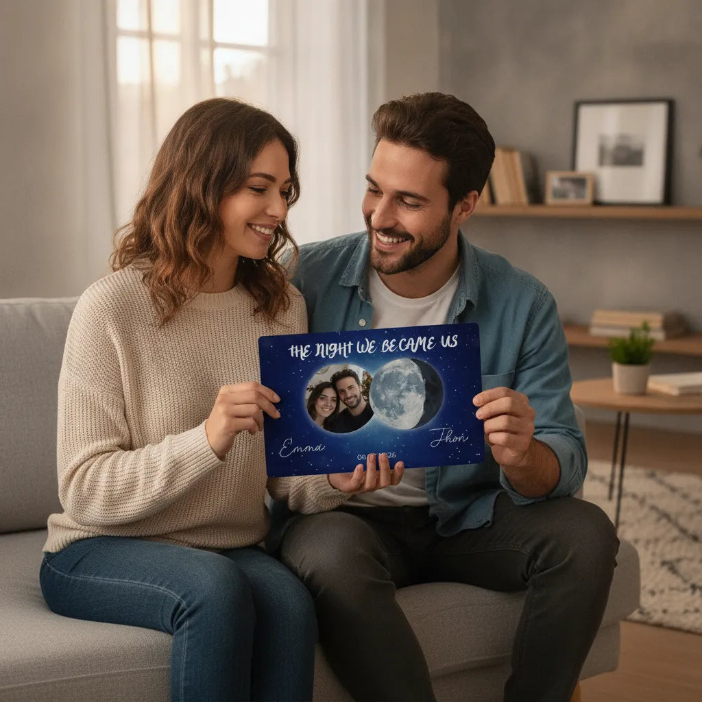 Personalized Couple Moon Phase Metal Sign – Custom Photo & Special Date