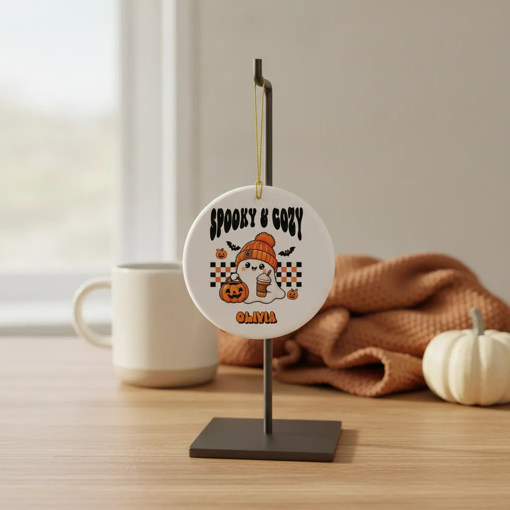 Personalized Spooky & Cozy Ghost Ceramic Ornament – Custom Title & Name