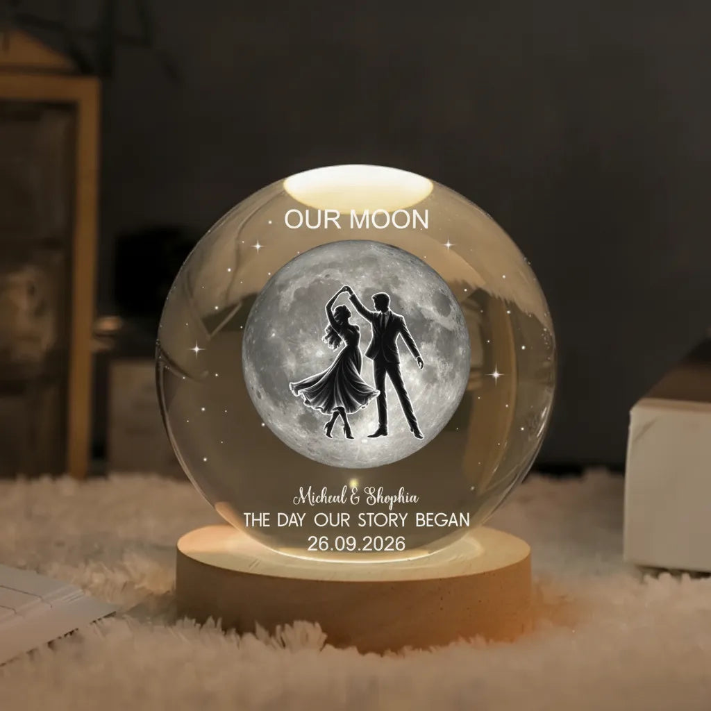 Dancing in the Moonlight – Personalized Moon Phase Crystal Ball LED Night Light, Anniversary, Wedding & Valentine’s Day Gift for Her or Him